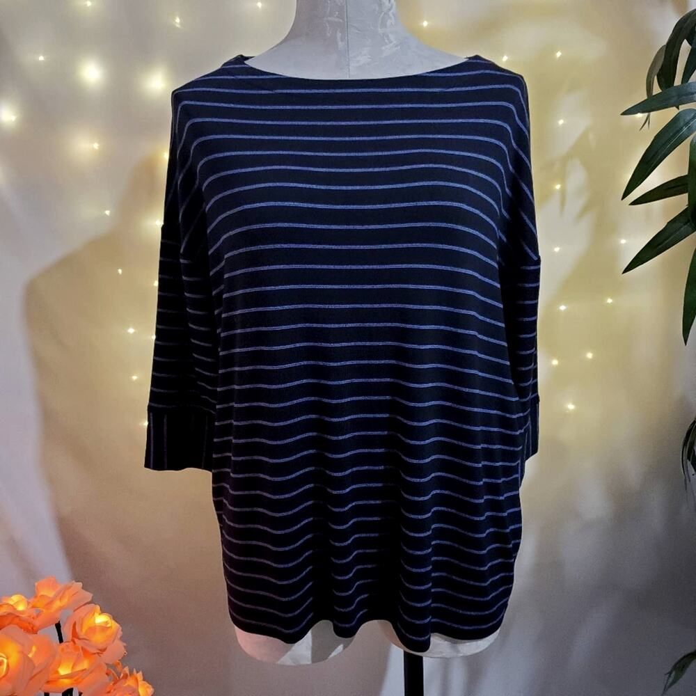 J Jill Wearever Striped 3/4 Sleeve Stretch Knit Top Women's SP Black Blue Soft